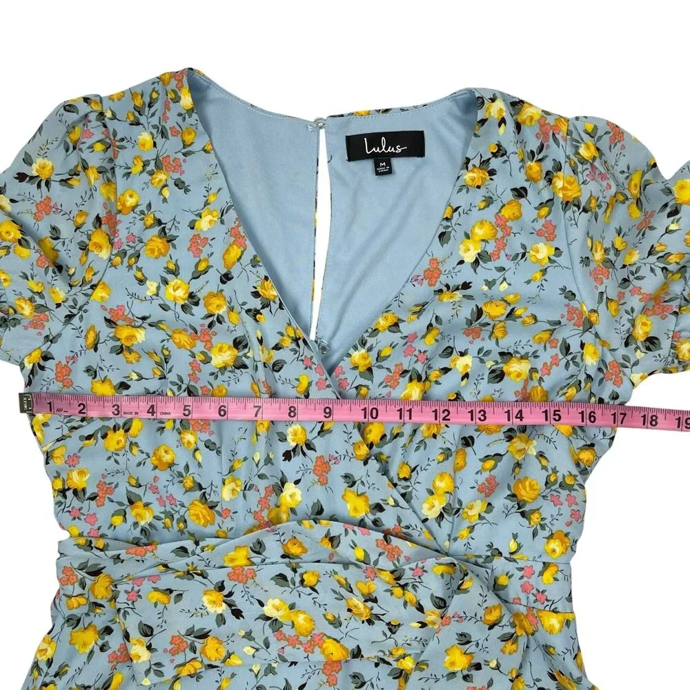 Lulus Feeling Butterflies Blue Floral Boho Tiered Ruffle Mini Dress Medium - Picture 9 of 12
